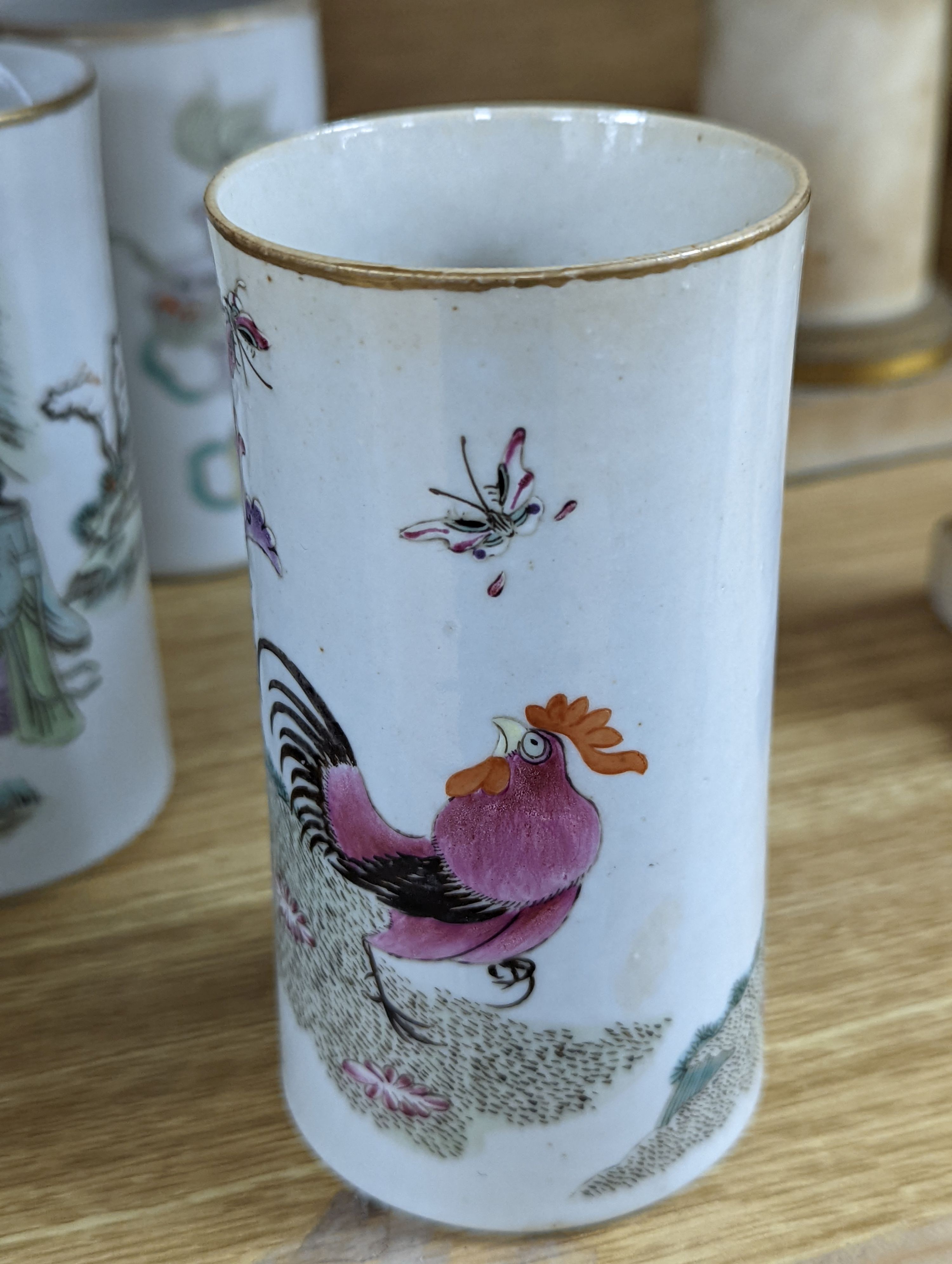 Three Chinese famille rose brush pots, 12cm